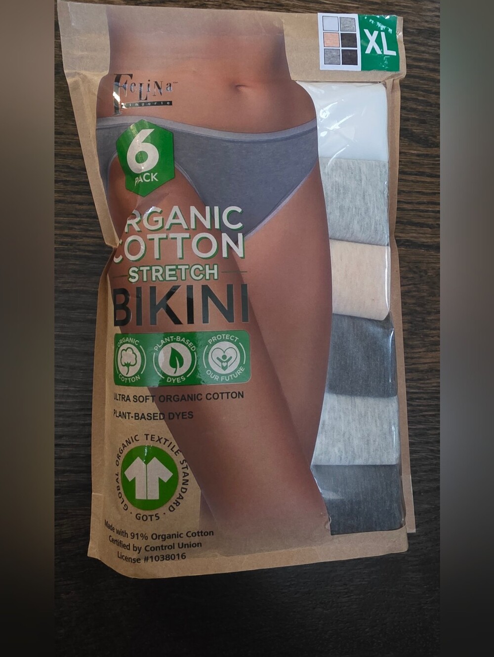 Felina Women’s Organic Cotton Stretch Bikini Underwear 6-Pack – XL – New